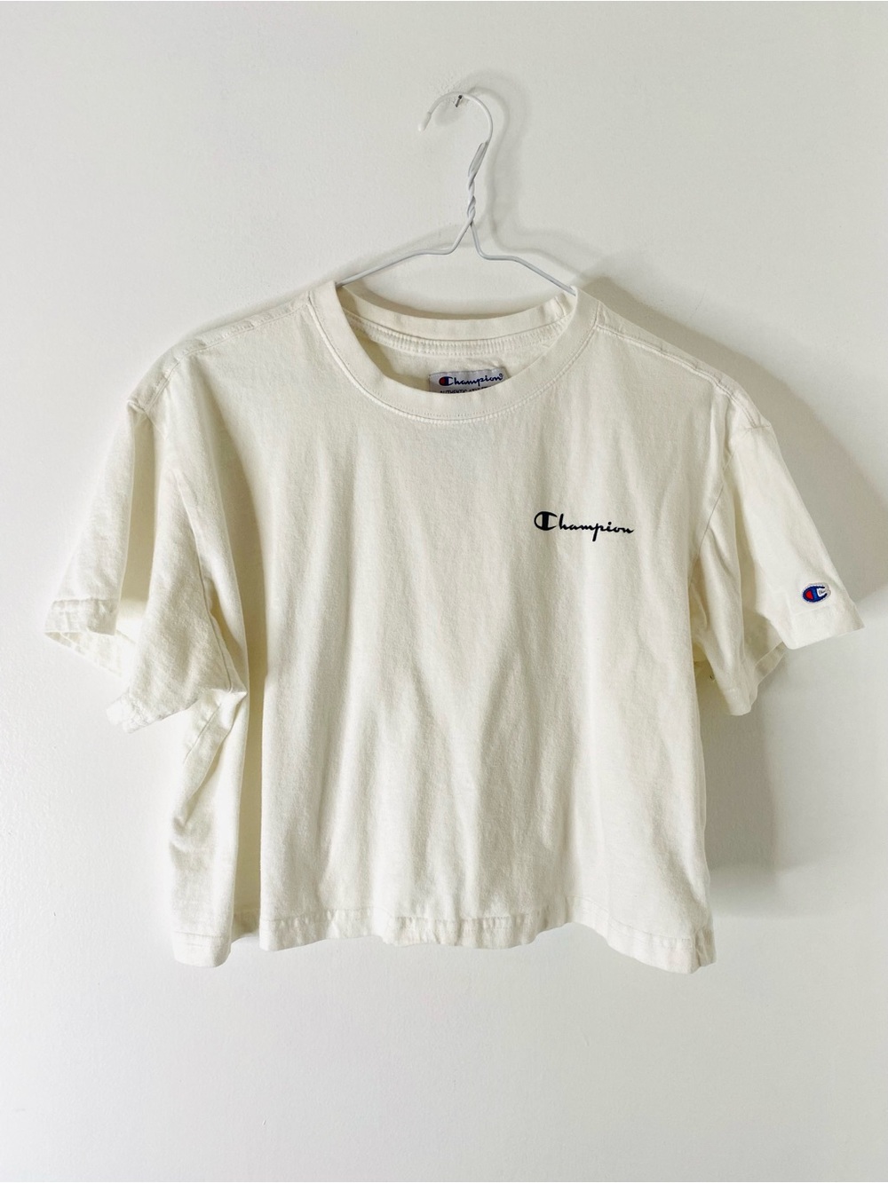 Champion Heritage Embroidered Script Logo Tee White Sleeve Patch
